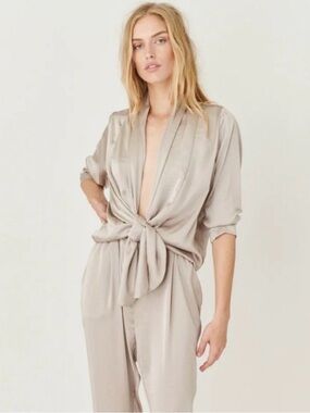 Overlover Tie-Front Satin Lounge Top in Light grey